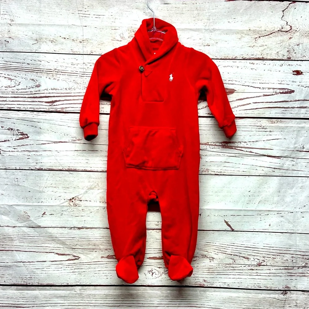Ralph Lauren Red Velour Romper Onesis Size 6 Months